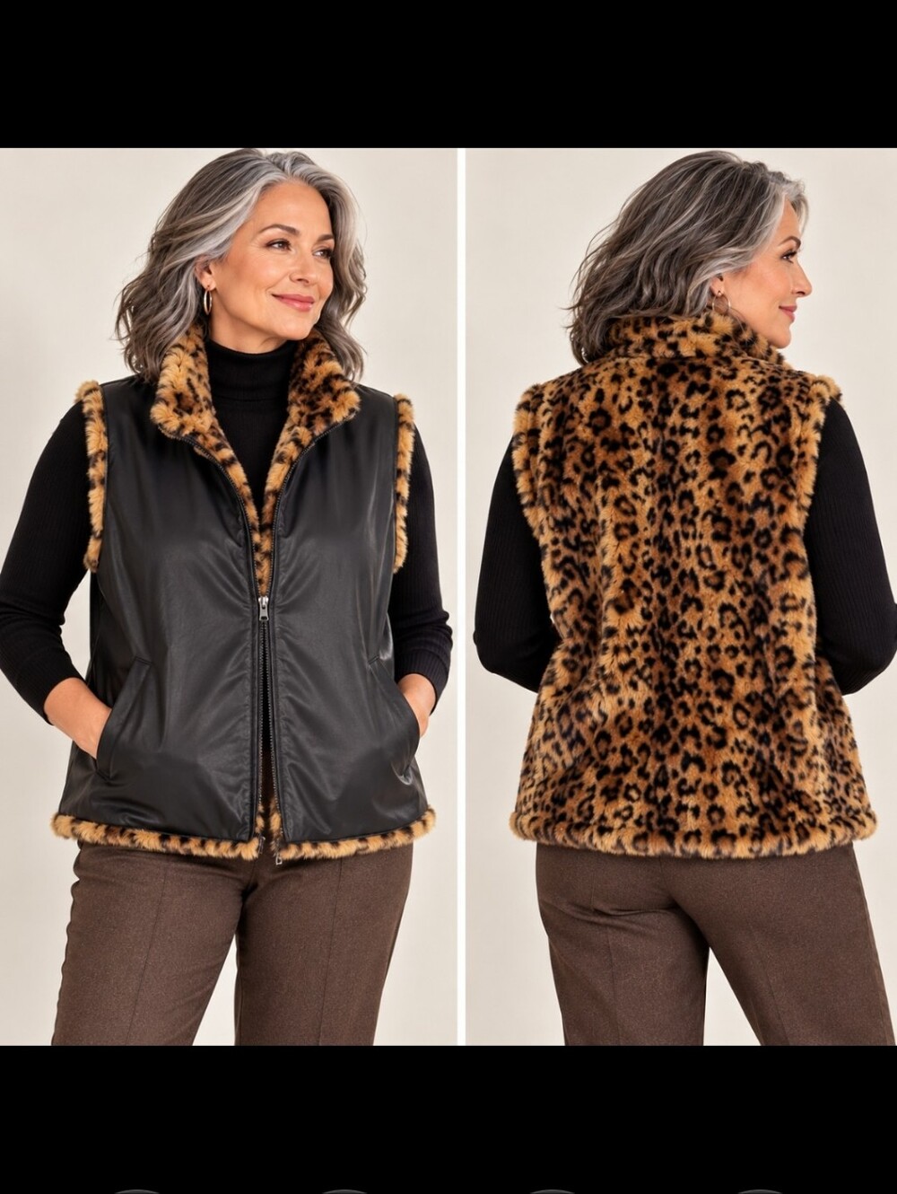 Sherpa Fur Leopard Print/Black Vinyl Reverseable Funnel Neck Vest Sz L